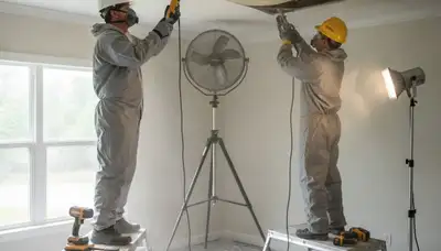 Water damage technician repairing a wet ceiling in Tuscaloosa, AL home