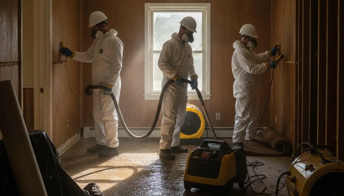 Flood damage cleanup crew restoring a Tuscaloosa, AL home after water intrusion