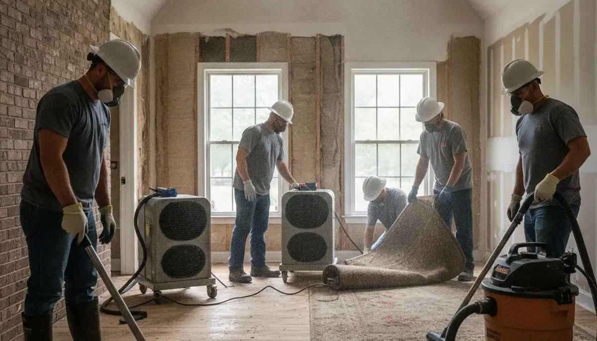 Tuscaloosa, AL water damage restoration crew inspecting flood damage in a home