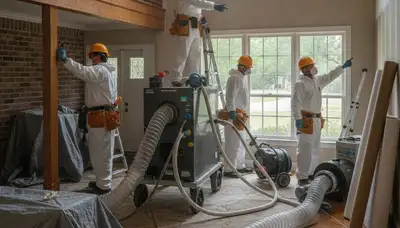 Water damage restoration crew in Tuscaloosa, AL inspecting and drying a flooded home