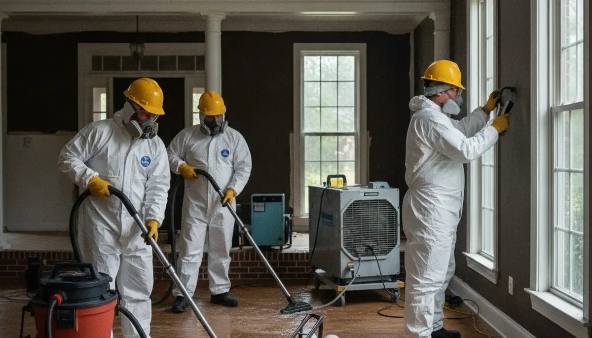 Tuscaloosa, AL water damage restoration team inspecting flood damage in a home